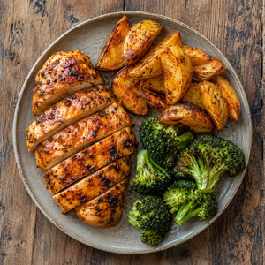 Peri-peri chicken with potato wedges and charred broccoli.