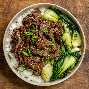 Meals: Korean bulgogi beef with jasmine rice and sesame-garlic greens.