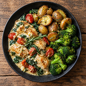 Meals: Tuscan chicken with garlic & rosemary baby potatoes & broccoli.