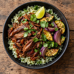 Chipotle beef barbacoa with cilantro-lime rice & chargrilled zucchini and red onion.