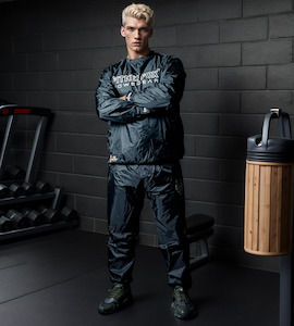 Mens Sauna Suits: FITNESSFOX Crew Neck Sauna  JACKET (Black/White Embriodery) End of Line Clearance