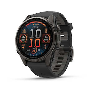 Garmin Watch: fenix 8 – 43 mm, AMOLED Sapphire, Carbon Grey DLC Titanium with Black/Pebble Grey Silicone Band