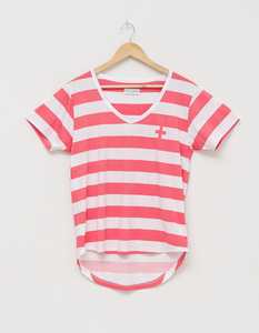Stella Gemma: Stella + Gemma | V-Neck Tee | White/Coral Stripe