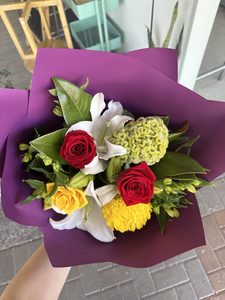 Products: EB01 RED AND PURPLE BOUQUET - Flavells Floral Boutique