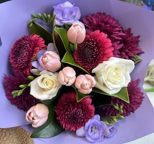 Products: EB41 MAGENTA AND PURPLE FLOWER BOUQUET - Flavells Floral Boutique