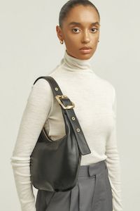 Brie Leon: Everyday Croissant Black  Gold Buckle Recycled PU Shoulder Bag