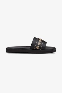 Slides: Cleo Black Leather Slide with Gold Charms