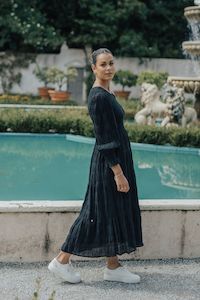 Ethical Edit: Piper Black Shirred Cotton LS Shirred Bodice Tiered Maxi Dress