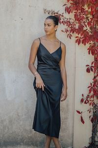 Among The Brave: Rapture Black Satin Strappy Mock Wrap Midi Dress