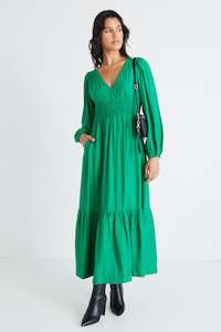 Among The Brave: Spark Palm Green Textured LS Deep V Midi Dress