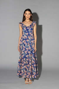 Drama The Label: Midsummer Navy Tiered Cyan Flower Maxi Dress