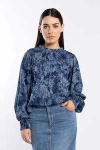 Drama The Label: Karin Blue Paisley Rouched Yoke Neck LS Top