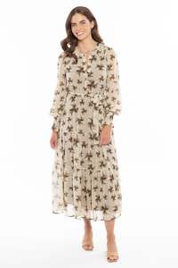 Autumn Tones: Traverse Cream Cocoa Floral LS Waist Tie Maxi