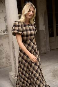 Autumn Tones: Encore Caramel Check SS Bias Maxi Dress