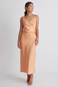 Dress Boot Sale: Rapture Papaya Satin Strappy Mock Wrap Midi Dress