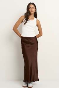 Back In Stock: Rosette Chocolate Satin Bias Midi Skirt