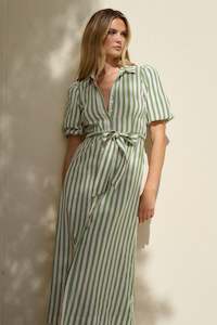 Kindred Moss Stripe Puff Sleeve Midi Shirt Dress