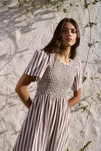 Wren Chocolate Stripe Cotton SS Shirred Bodice Midi Dress