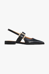 Autumn Tones: Goldie Black Leather Gold Buckle Point Slingback Flats