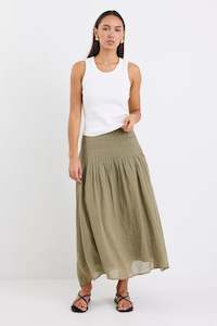 Autumn Tones: Pepe Khaki Linen Pintuck Waist Tiered Midi Skirt