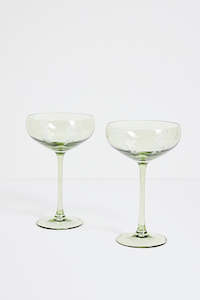 Flos Home: Olive Green Etched Leaf Set 2 Coupe Cocktail Glasses