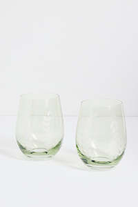 Flos Home: Olive Green Etched Leaf Set 2 Stemless Wine Glasses