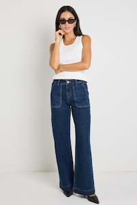 Feature Indigo Mid Rise Front Pocket Wide Leg Jean
