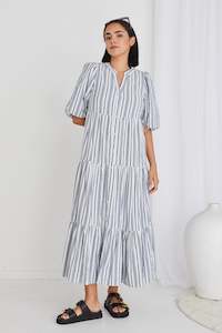 Dress Boot Sale: Noya Navy Stripe Puff Ss Buttoned Tiered Maxi Dress