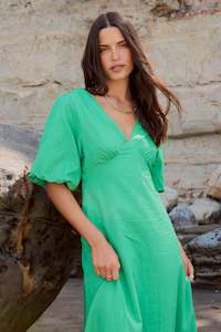 Empire Meadow Green Linen Cotton Puff Sleeve Midi Dress