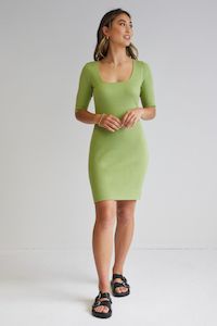 Titan Citrus Green Square Neck Tie Back Half Sleeve Rib Knit Mini Dress