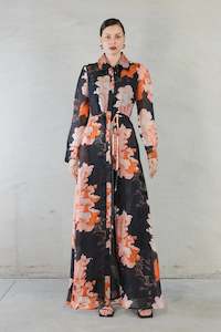 Isabella Black Floral Print Silk Linen LS Maxi Dress