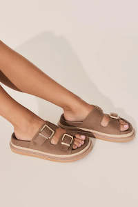 Slides And Shorts: Alder Fawn Suede Double Buckle Platform Slide