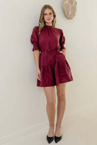 Ivy Jack: Sable Burgundy Linen High Neck Tiered Mini Dress