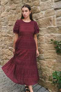Ivy Jack: Graceful Burgundy Shirred Cotton Bubble Short Sleeve Tiered Maxi Dress