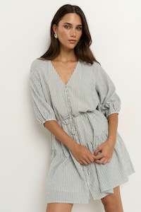 Switch Khaki Stripe Puff Sleeve Button Front Mini Dress