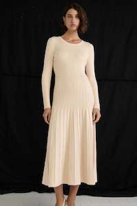 Elena Vanilla Rib Knit LS Midi Dress
