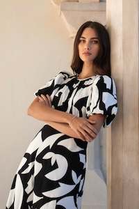 Black Dresses: Stage Black Ivory Cut Out Print Puff Sleeve Floaty Maxi Dress