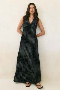 Black Dresses: Aston Black Ditsy Polka Dot Satin Bias Flared Maxi Dress
