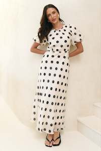 Stage Cream Black Polka Dot Puff Sleeve Floaty Maxi Dress
