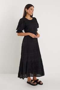 Black Dresses: Gratitude Black Bubble SS Tiered Maxi Dress