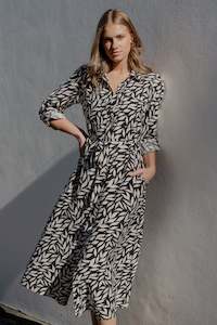 Cyprus Black Leaves LS Shirt Midi Dress