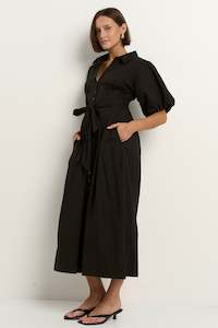 Black Dresses: Dusk Black Puff Short Sleeve Collared Maxi Dress