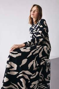 Esmaee: Soiree Black Pattern Front Button LS Maxi Dress