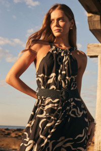 Esmaee: Sandy Wave Black Print High Neck Midi Dress