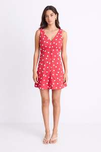 Allora Poppy Polka Dot Sleeveless Button Front Mini Dress
