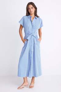 Camden Bright Blue Stripe Short Sleeve Pleated Midi Shirt Dress