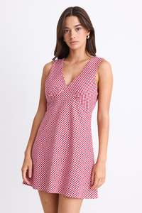 Ethical Fair: Turin Red Ditsy Gingham Cotton Sleeveless Bias Mini Dress