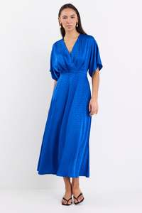 Ethical Fair: Picasso Electric Blue Satin Jacquard SS Kimono Midi Dress