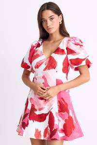 Ethical Fair: Adelaide White Poppy Floral Puff Sleeve Panelled Mini Dress