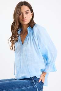 Expedition Ice Blue Ramie Shirred Neck Short Sleeve Top